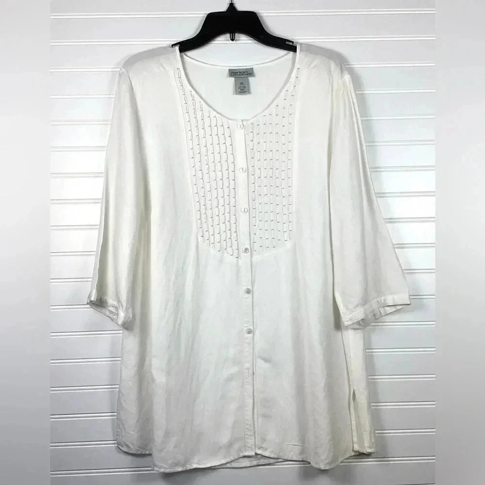 Maggie Barnes Catherines Blouse Women Plus Size OX White Linen Blend Button Up